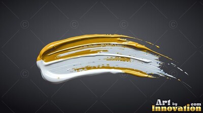 A curved stroke of thick white and gold paint across a deep gray backdrop