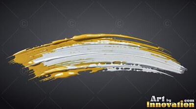 On a deep gray background, a curved sweep of thick white and yellow paint