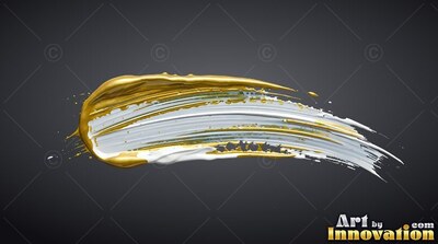 Curving across a dark gray backdrop, a thick stroke of white and gold paint sweeps sideways