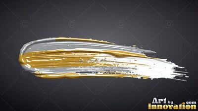 Thick ridges of gold and bright silver paint sweep horizontally along a dark gray backdrop
