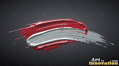 Red and glossy silver paint sweeps horizontally, reflecting bright highlights on dark gray