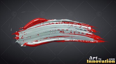 Curving sideways across a dark background, thick silver and red paint sweeps