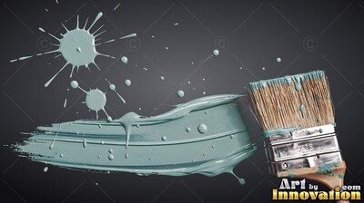 Against a dark background, a wide brush sweeps light blue paint with splashes
