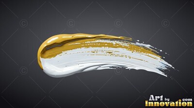 Curving over a deep gray backdrop, thick gold and white paint forms a single brushstroke