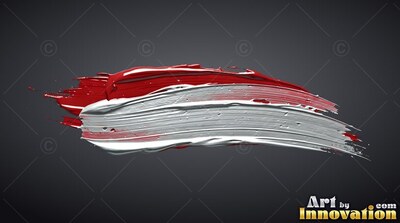 Thick white brushstrokes lie beneath red paint along a solid dark gray background