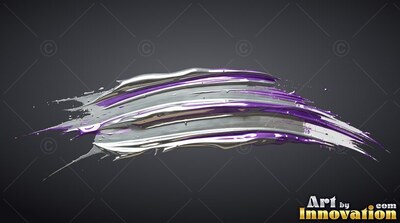 Silver and purple paint streaks sweep horizontally over a dark gray backdrop