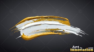 Curving across dark space, thick white and yellow paint strokes sweep sideways