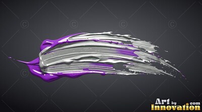 A thick swipe of glossy silver and purple paint through a dark gray setting