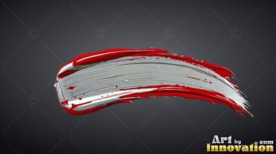 On a dark gray background, a curved stroke of bright silver paint is edged in red
