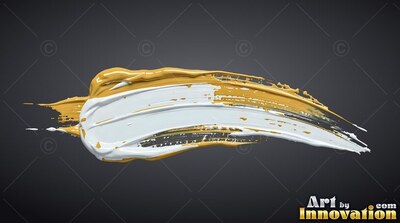 Curving horizontally, a thick streak of white and yellow paint flows across dark gray background