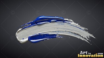 White and shining silver paint curves across a dark surface, bordered by glossy blue smears