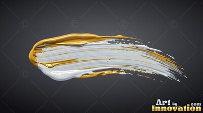 A thick stroke of white and yellow paint flows across dark gray