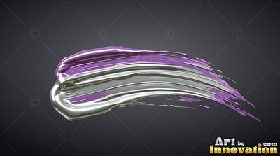On a deep gray backdrop, a thick smear of metallic silver and purple paint curve together