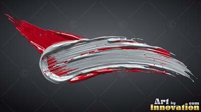 Sweeping against a dark background, thick strokes of red and metallic silver paint blend together