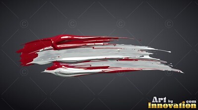 Thick red and white paint strokes on dark gray background