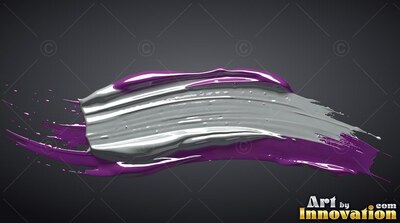 Ridged metallic silver paint layered over bright purple sweeps across a deep gray backdrop