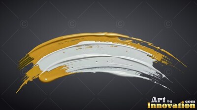 Thick paint curves in an arch, blending wet white and ochre yellow on dark gray