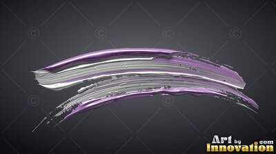 Sweeping on a dark background, thick strokes of silver and purple paint curve upward