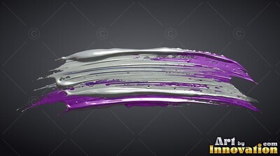 Thick purple and metallic silver paint stroke on a slate gray background