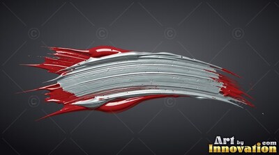 A stroke of shining silver paint flows across glossy red streaks over a dark background