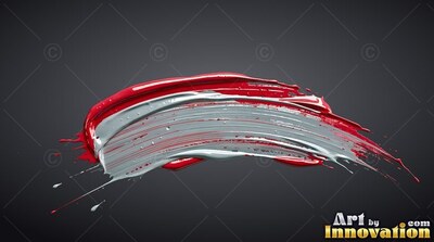 Curving over a dark background, thick red and silver paint sweeps