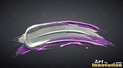 On a dark background, thick strokes of shiny silver and purple paint curve across
