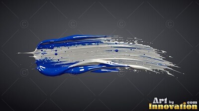 Sweeping horizontally, a thick brushstroke of glossy blue and white paint rests on dark gray