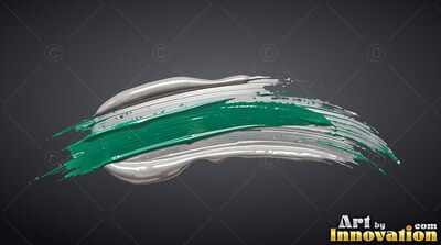 Green and silver paint stroke over a dark gray background