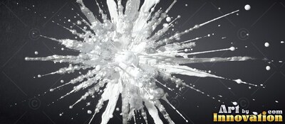 Bursting straight outward from the center, thick white paint splashes on black