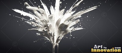 Silver and white paint splashes out like flower petals over dark gray background