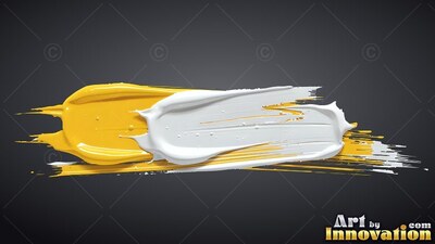 Against a plain dark gray background, thick yellow and white paint arches across the center
