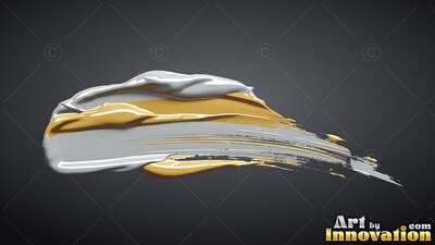 Sweeping over a dark background, thick strokes of white and gold paint blend together