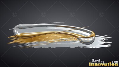 Glossy curves of liquid silver and gold paint rest against a dark background