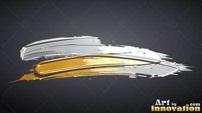 Gold and metallic silver paint strokes sweep across a dark gray backdrop with bright highlights