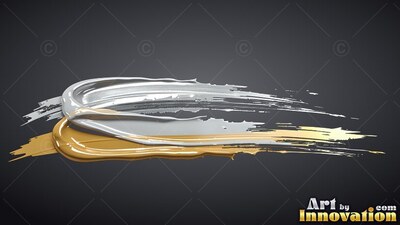 Curving horizontally over a dark background, thick silver and gold paint strokes sweep by