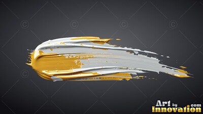 A thick streak of yellow and white paint sweeps along a dark gray space
