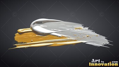 On a dark gray background, a thick smear of silver and gold paint sweeps across