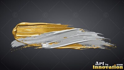 Sweeping across dark gray, thick gold and shining silver paint forms layered brushstrokes