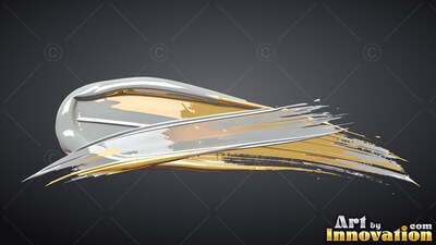 Streaks of silver and gold paint sweep level across a charcoal gray backdrop