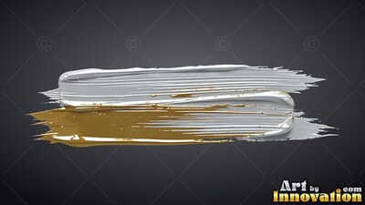 Thick paint smears from side to side across dark gray, blending white and shiny gold streaks