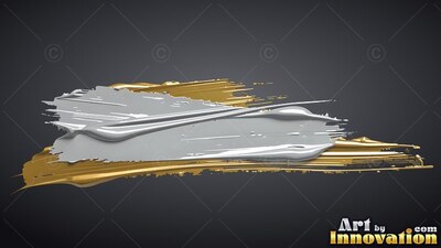 Thick streaks of silver and gold paint smeared over a dark gray background