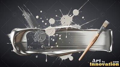 Chrome brushstrokes with splashes of off-white paint sweep across a black backdrop