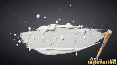 White paint sweeps over a dark background beside a wooden brush, dripping in soft light