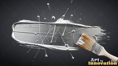 A paintbrush sweeps a wide silver stroke with flying paint droplets over a black surface