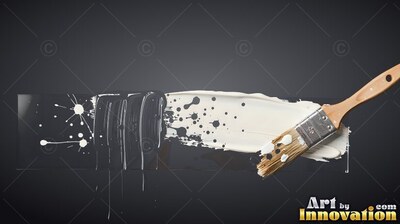 On a dark background, a paintbrush drags dense white paint across glass