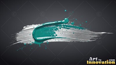 Curling over a silver brushstroke, thick teal paint drips on a dark background