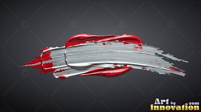 Thick silver and red paint strokes on a dark background