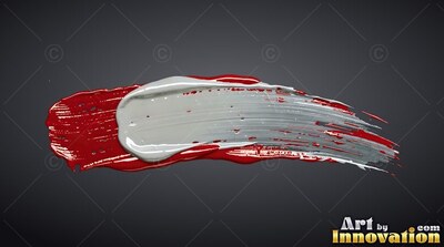 Thick white paint curves across a smear of red paint over dark gray background
