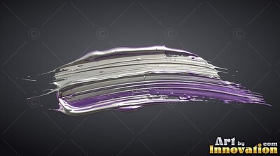 A thick streak of paint sweeps across a dark background, gleaming with silver and purple highlights