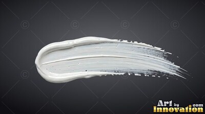 A thick swipe of white paint curves through a plain dark gray background